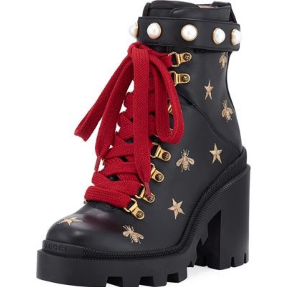 Gucci Flat Trip Leather Hiking Boot embroidered